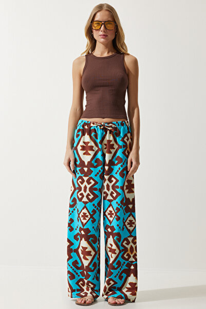 Happiness İstanbul Dámské tyrkysové vzorované surové plátěné kalhoty Palazzo BH00397