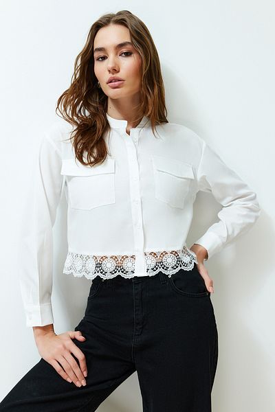 Trendyol Collection Мереживний кроп Gomlek Regular Fit тканий TWOSS24GO00059 екрю TWOSS24GO00059