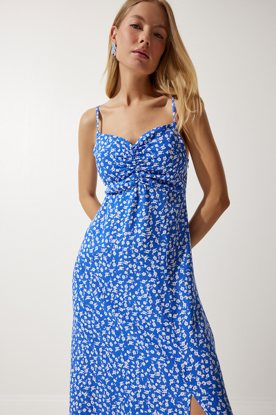 Happiness İstanbul Dámské modré viskózové šaty se vzorem na ramínka UB00236