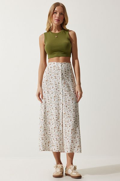 Happiness İstanbul Ecrufarbener gemusterter Viskoserock mit Schlitz für Damen UB00246