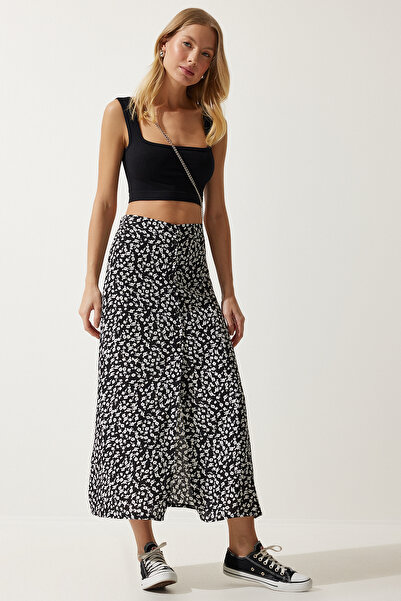 Happiness İstanbul Dámská černá vzorovaná rozparkovaná viskózová sukně UB00246