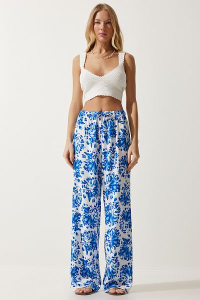 Happiness İstanbul Damen-Hose aus ecrublauer, hoch taillierter, lockerer Viskose für den Sommer BH00354