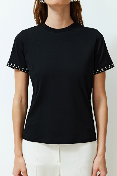 Trendyol Collection Pletené tričko z černého kamene s podrobným pravidelným vzorem TWOSS24TS00070