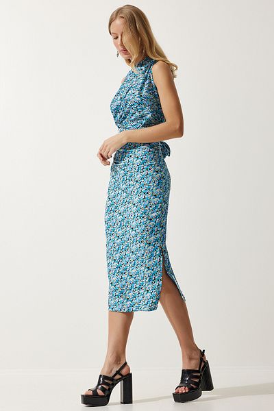 Happiness İstanbul Women's Light Blue One Shoulder Slit Knitted Dress MC00266