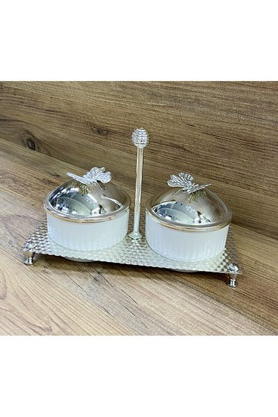 Altabi Covered Snack Bowl and Jam Bowl 2 Pieces Porcelain with Metal Stand