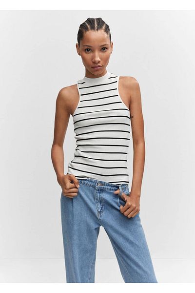 MANGO Woman Gestreifte Bluse mit Perkins-Kragen