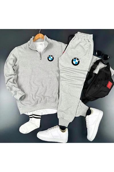 Moda Wear New Season Bmw Logo Print Half Zipper Sweatshirt-Sweatpants