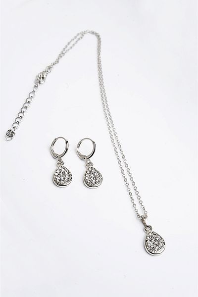 EUROMODA Drop Design Zircon Stone Silver Colored Necklace Earring Suit Set
