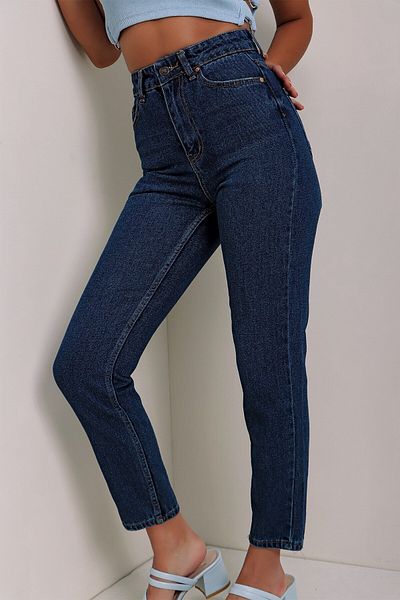 DRC trend Angell Ramrod Pantaloni din lycra albastru închis Mom Fit cu fermoar