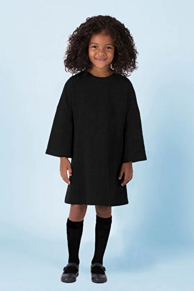 GOOSE Kız Çocuk Düz Kesim Pamuklu Bisiklet Yaka Oversize Siyah Elbise