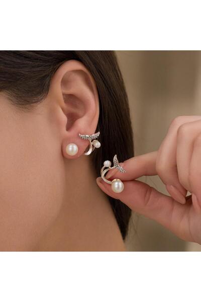 toptanhanem Zarif İnci Detaylı Zirkon Taşlı Gümüş Kaplama Balık Kuyruğu Tasarım Küpe | Günlük, Spor ve Özel Günl