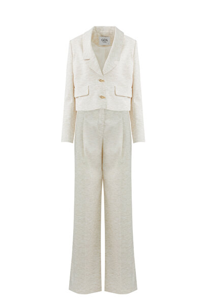 GİZİA Aksesuar Detaylı Kısa Ceket Ve Palazzo Pantolonlu Ekru Takım