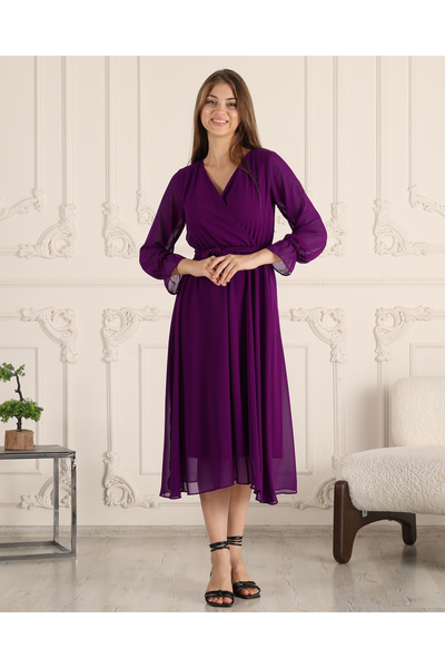 Azra Style فستان شيفون بحزام وياقة مزدوجة الصدر للموسم الجديد 5018