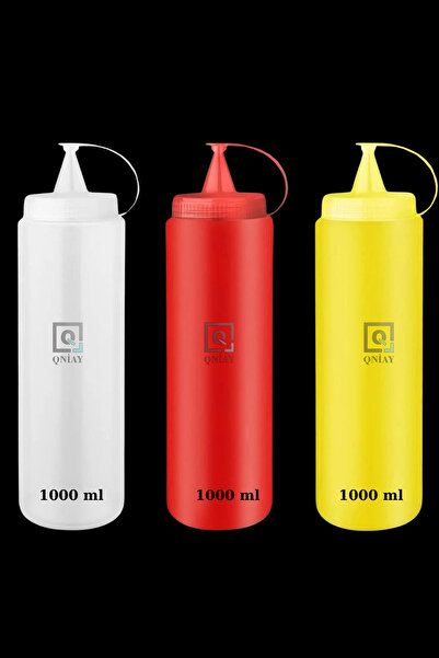 QNİAY Chef Colored Prep Bottle (3 Pieces) With Lid 1000 Ml Salad Olive Oil Ketchup Mayonnaise Squeeze Sauce Bottle