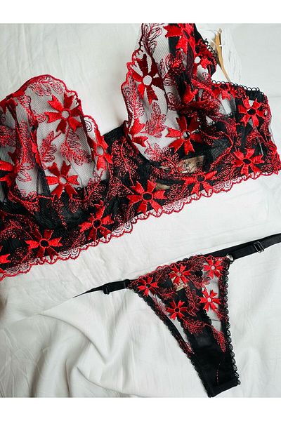 mendoza store Black and Red Bralet Floral Bra Suit