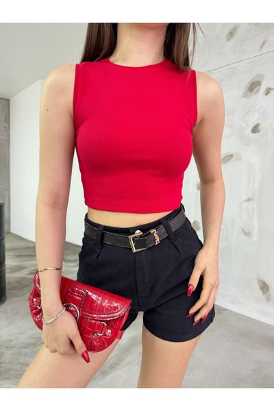 BİKELİFE Women's Corded Crew Neck Zero Sleeve Fitted/Fitted Crop Top Blouse