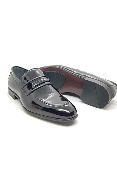 Neco bağcıksız rugan ayakkabı siyah renk hakiki deri