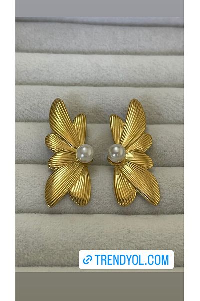 Sens Trend Steel Gold Leaf Earrings with Pearls