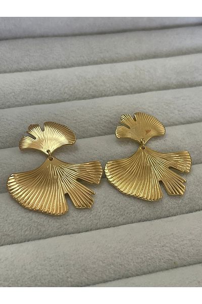 Sens Steel gold hanging leaf earrings