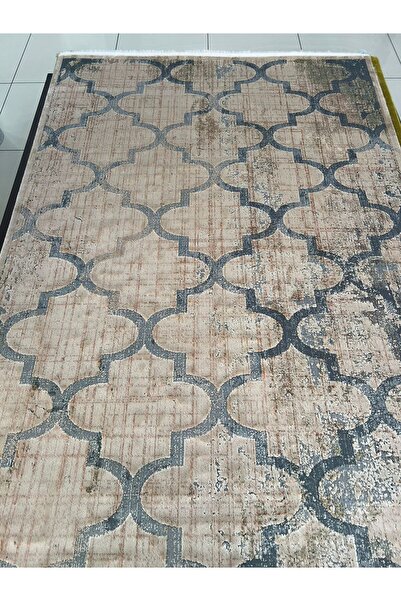 Royal Çınar CN19A Vizon Lacivert Şam Desenli Akrilik Saçaklı Premium Halı