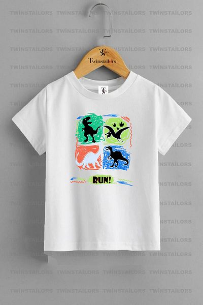 twins tailors Dinosaur Run Printed White-Orange Unisex Summer Bottom Top Kids Set