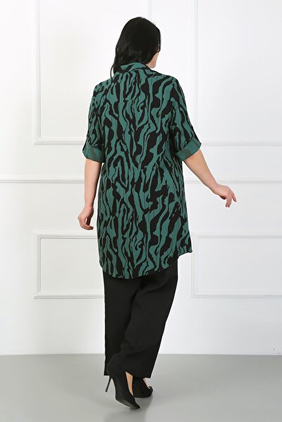 By Alba Collection Women's Khaki Patterned Cotton Viscose Large Size Tunic