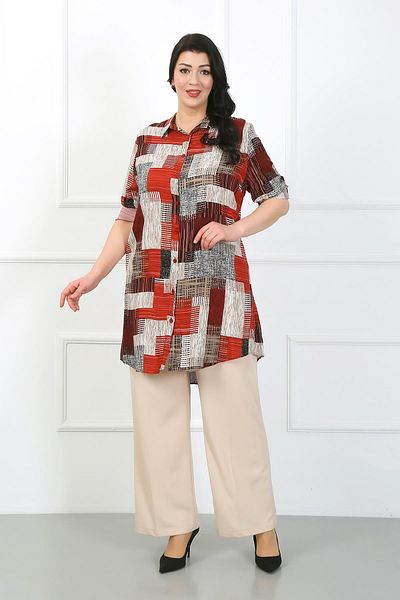 By Alba Collection Women's Burgundy Patterned Cotton Viscose Large Size Tunic