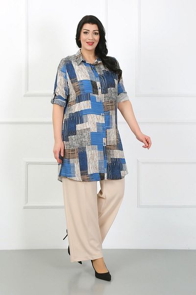 By Alba Collection Women's Indigo Patterned Cotton Viscose Large Size Tunic