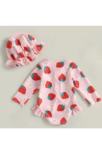 Petityu Pink Strawberry Print Easy to Wear Cute Cap Swimwear Set