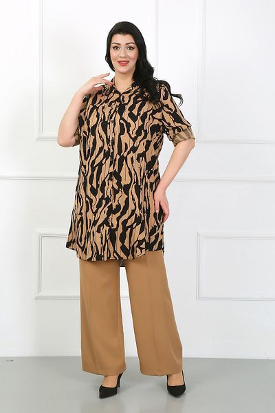 By Alba Collection Women's Tan Patterned Cotton Viscose Large Size Tunic