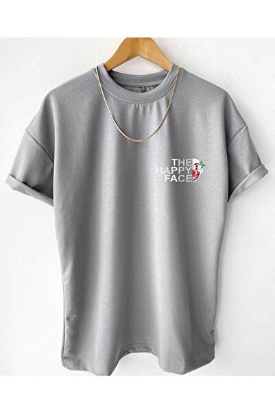 ORLONTEX Μπλουζάκι Unisex Smoke Grey The Happy Face με τύπωμα oversized