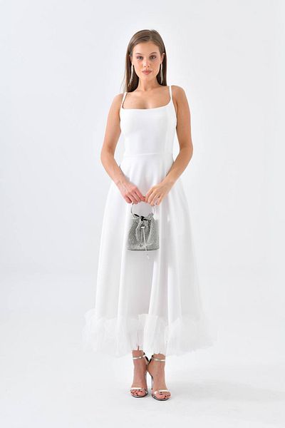 Neşeli Butik γυναικεία λευκή φούστα με λουράκι βολάν λεπτομερές βραδινό φόρεμα NBSWLL12