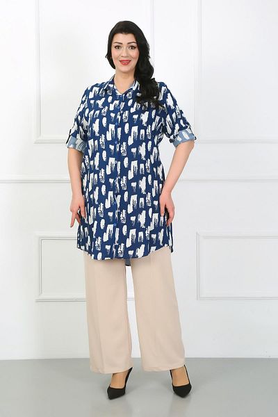 By Alba Collection Women's Indigo Patterned Cotton Viscose Large Size Tunic