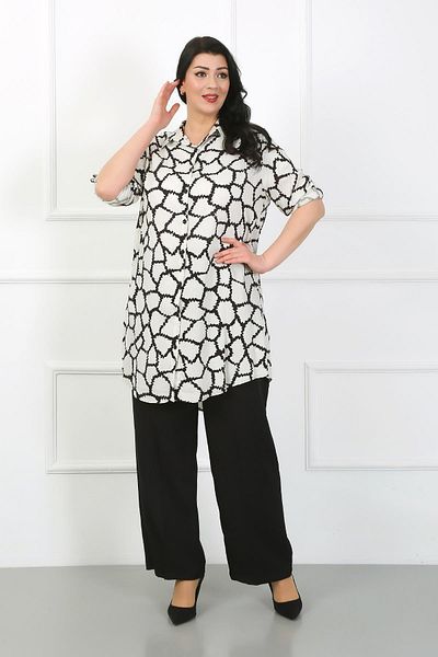 By Alba Collection Women's White Patterned Cotton Viscose Large Size Tunic