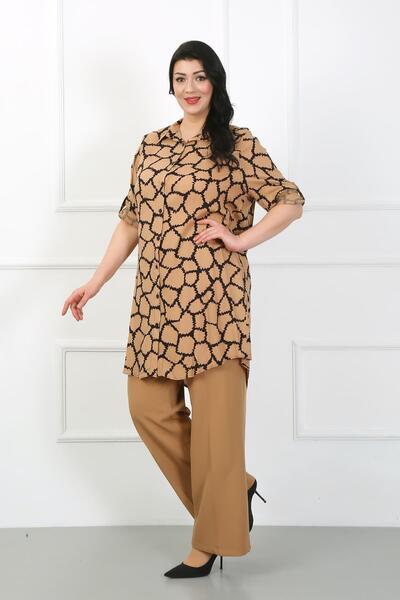 By Alba Collection Women's Tan Patterned Cotton Viscose Large Size Tunic