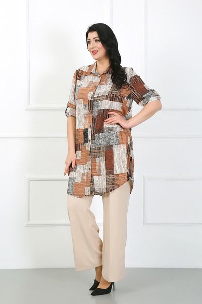 By Alba Collection سترة نسائية كبيرة الحجم من القطن الفسكوزي منقوشة باللون البني الداكن