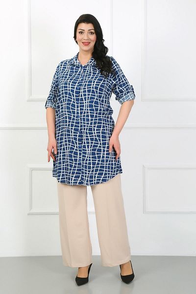 By Alba Collection Women's Indigo Striped Cotton Viscose Large Size Tunic