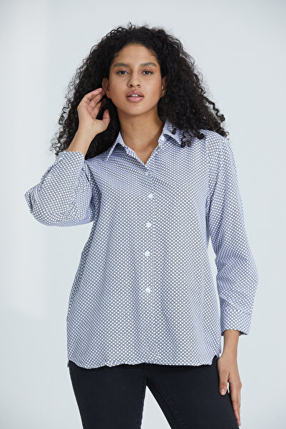 DEFES Women's Black-white Long Sleeve Shirt Collar Printed Cotton Oversize Shirt