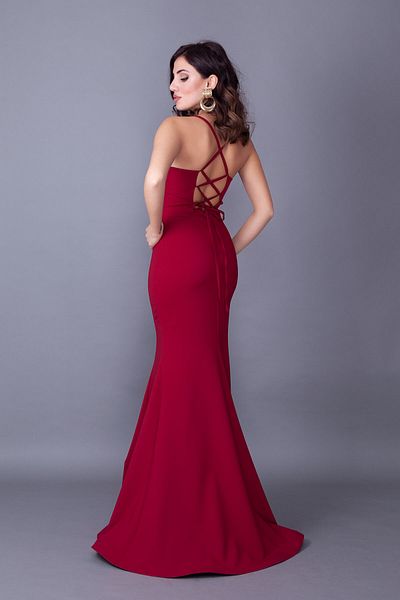 Bidoluelbise Burgundy Back Rope Tied Fish Model Evening Dress