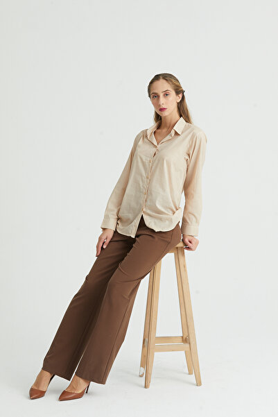 DEFES قميص نسائي طويل الأكمام بلون بني فاتح وأبيض وياقة قميص قطني مخطط كبير ا...