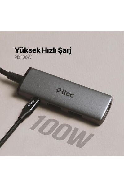 Ttec 4in1 100w Type C Çoğaltıcı Çevirici Hub, 2x Usb, 1x Pd Type C Ve 1x 4k Hdmi Girişli Çoğaltıcı A