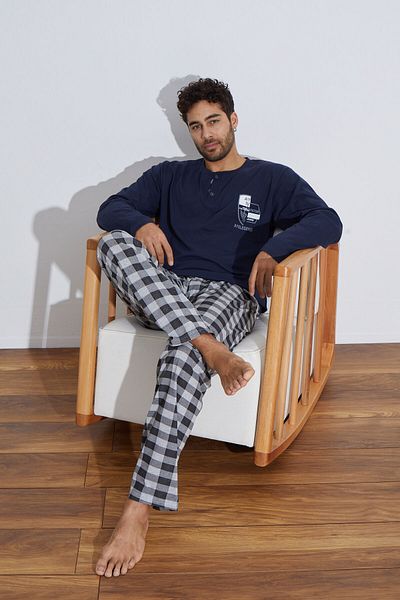Ayans Pijama Χτενισμένο βαμβακερό μονό ζέρσεϊ (λεπτό) καρό μακρυμάνικο ανδρικό σετ πιτζάμες