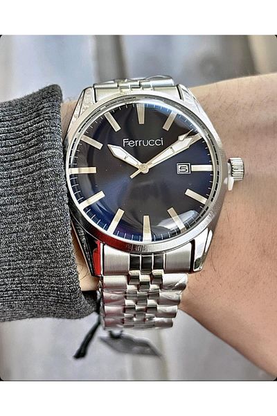 Ferrucci Men's Silver Black Classic Calendar Wristwatch - Link Metal Cord, Numberless Dial