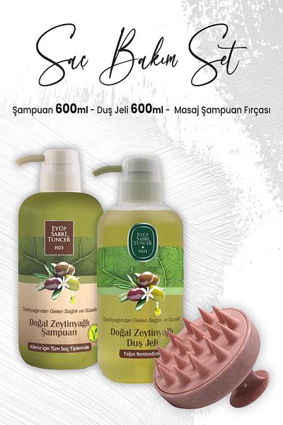 Eyüp Sabri Tuncer Olive Oil Shower Gel 600 Ml, Shampoo 600 ml and Massage Shampoo Brush