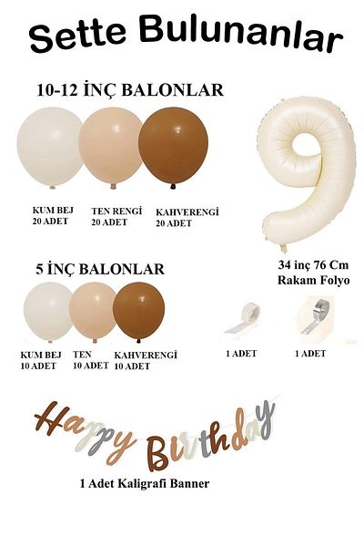 Patladı Gitti Retro Colors Big Balloon Chain and 9 Year Old Birthday Set