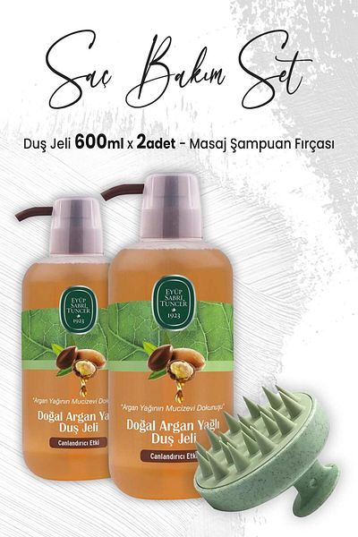 Eyüp Sabri Tuncer Argan Oil Shower Gel 600 ml X 2 Pieces And Massage Shampoo Brush Green