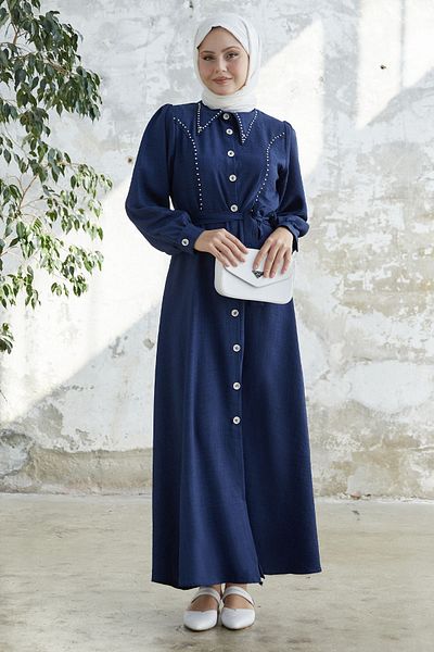 InStyle Beaded Buttoned Linen Dress - Navy Blue