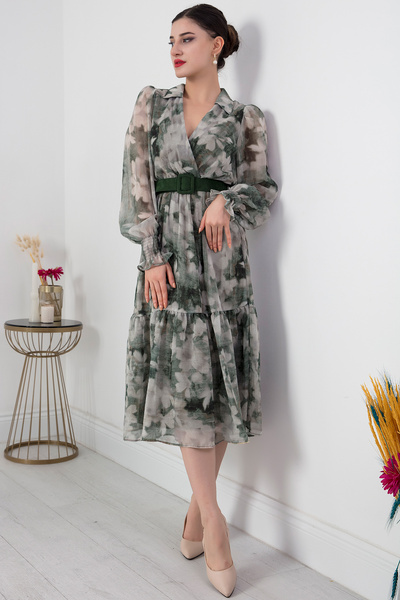 PULLIMM Φόρεμα μίντι σιφόν με διπλό γιακά με ζώνη GRS3373