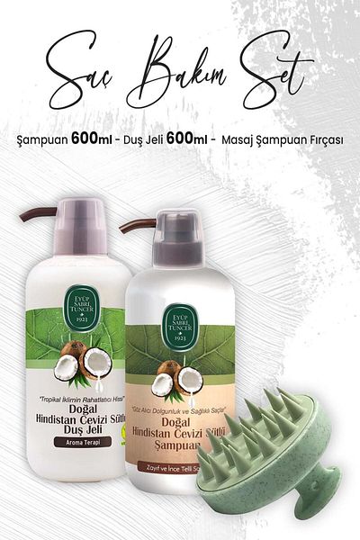 Eyüp Sabri Tuncer Coconut Shampoo 600 Ml, Shower Gel 600 ml and Massage Shampoo Brush