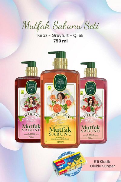 Eyüp Sabri Tuncer Grapefruit Cherry, Strawberry Kitchen Soap 750 ml And Corrugated Sponge
